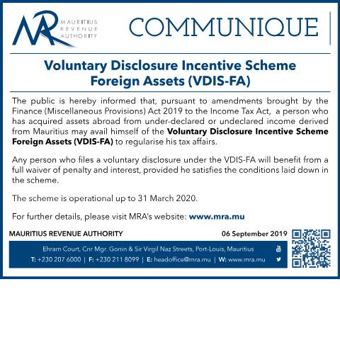 Document preview: Voluntary Disclosure Incentive Scheme Foreign Assets (VDIS-FA) (06.09.19) — Notice / Circular, Mauritius (CERFA n°CommuniqueVDISFA)