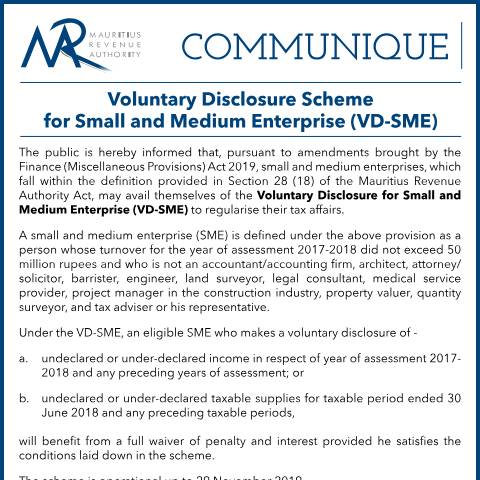 Document preview: Voluntary Disclosure Incentive Scheme for Small and Medium Enterprise (VD-SME) (06.09.19) — Notice / Circular, Mauritius (CERFA n°CommuniqueVDSME)