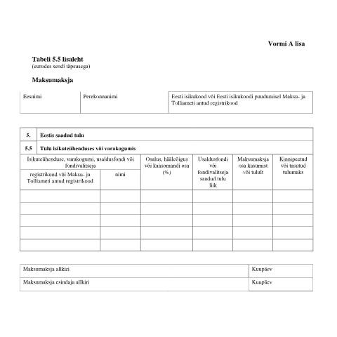 Document preview: Tabeli lisa 5.5 lisaleht — maksud-ja-tasumine, Eesti (CERFA n°VORM A TABEL 5.5 LISALEHT)