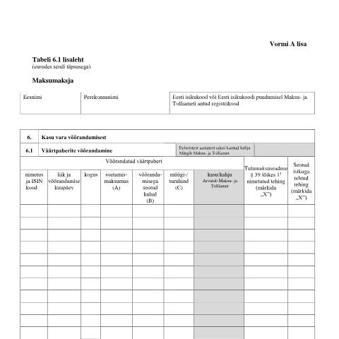 Document preview: Tabeli lisa 6.1 lisaleht — maksud-ja-tasumine, Eesti (CERFA n°VORM A TABEL 6.1 LISALEHT)