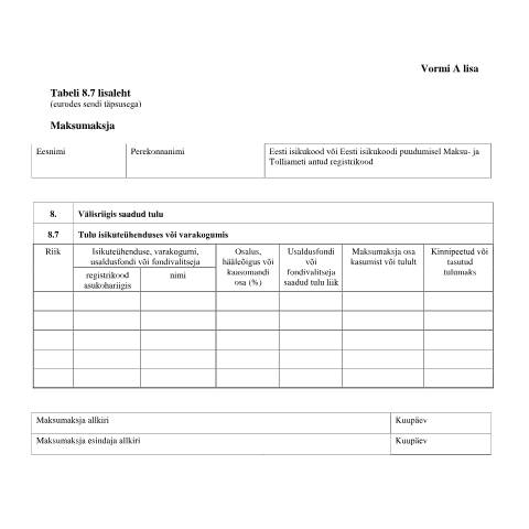 Document preview: Tabeli lisa 8.7 lisaleht — maksud-ja-tasumine, Eesti (CERFA n°VORM A TABEL 8.7 LISALEHT)