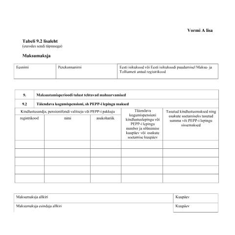 Document preview: Tabeli lisa 9.2 lisaleht — maksud-ja-tasumine, Eesti (CERFA n°VORM A TABEL 9.2 LISALEHT)