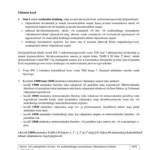 Document preview: Vorm INF 1 täitmise kord — maksud-ja-tasumine, Eesti (CERFA n°TSD)
