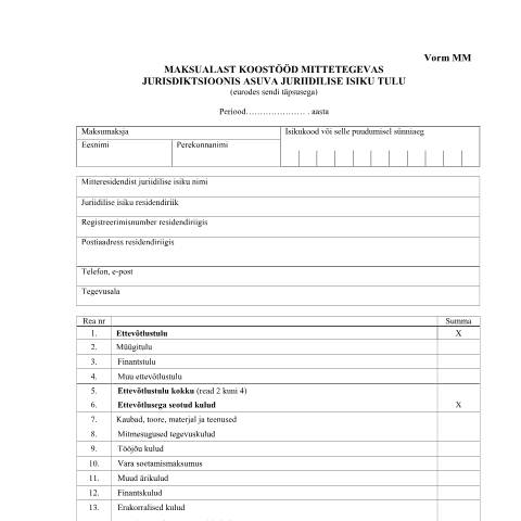 Document preview: Vorm MM — maksud-ja-tasumine, Eesti (CERFA n°VORM M)