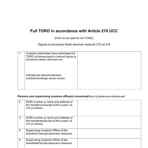 Document preview: Vorm TORO. Õiguste ja kohustuste ülemineku vorm (eesti/ingl, täidetav vorm) — toll-kaubavahetus, Eesti (CERFA n°TORO VORM 12.01.)