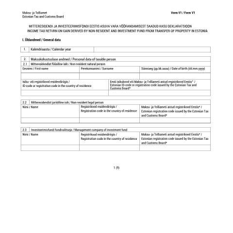Document preview: Vorm/Form V1 — maksud-ja-tasumine, Eesti (CERFA n°VORM V1)