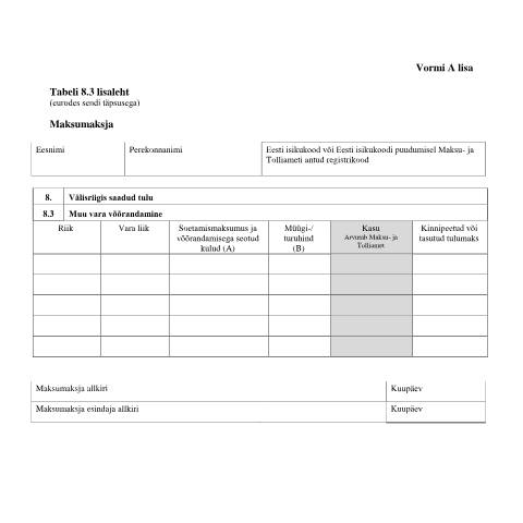 Document preview: Tabeli lisa 8.3 lisaleht — maksud-ja-tasumine, Eesti (CERFA n°VORM A TABEL 8.3 LISALEHT)