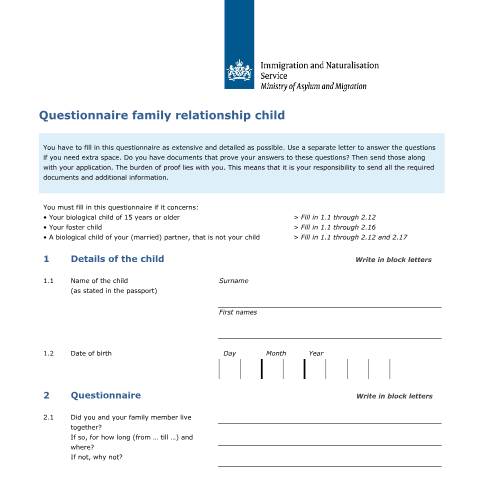 Documentvoorvertoning: Questionnaire family relationship child — IND — immigratie, Nederland (CERFA n°7647)