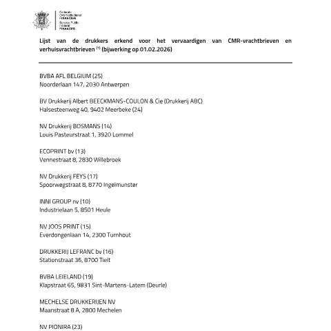 Aperçu du document Vrachtbrieven voor vervoerondernemingen (PDF, 49.12 KB) — Erkende drukkers, Belgique (CERFA n°125-erkende-drukkers-cmr-20260201)