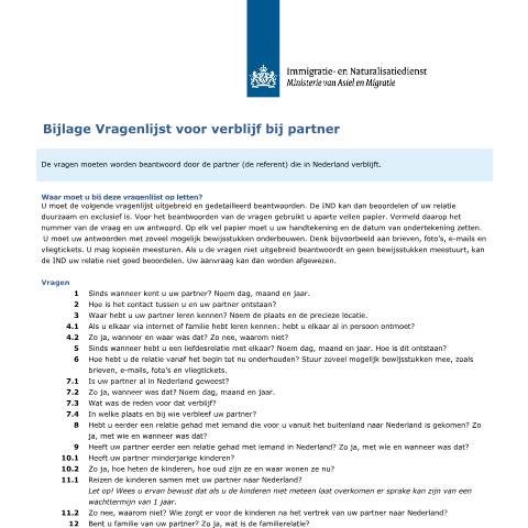 Documentvoorvertoning: Bijlage Vragenlijst voor verblijf bij partner — IND — immigratie, Nederland (CERFA n°7125)