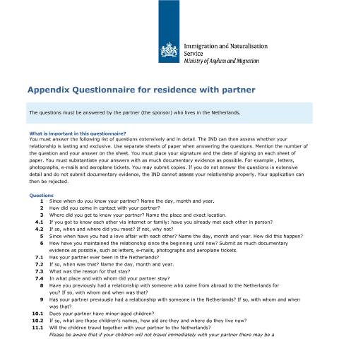 Documentvoorvertoning: Appendix Questionnaire for residence with partner — IND — immigratie, Nederland (CERFA n°7625)