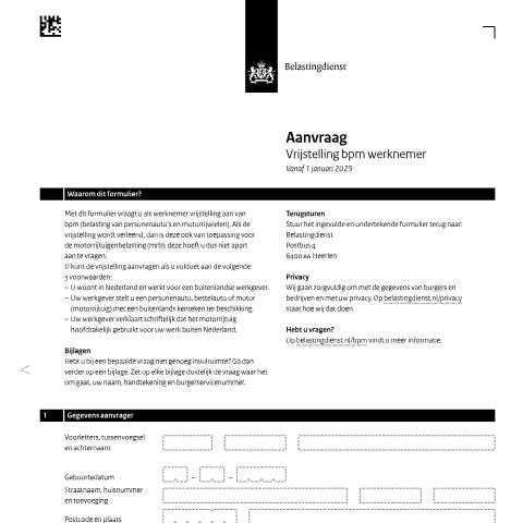 Documentvoorvertoning: Vrijstelling bpm - aanvraag vrijstelling bpm werknemer pdf - 173 kB Belastingdienst — Vrijstelling bpm werknemer - voorwaarden en aanvraag, Nederland (CERFA n°bpm0521z8fol)