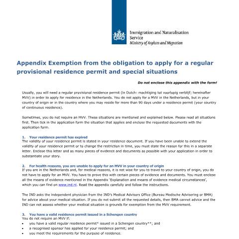 Documentvoorvertoning: Appendix Exemption from the obligation to apply for a regular provisional residence permit and specific situations — IND — immigratie, Nederland (CERFA n°7605)