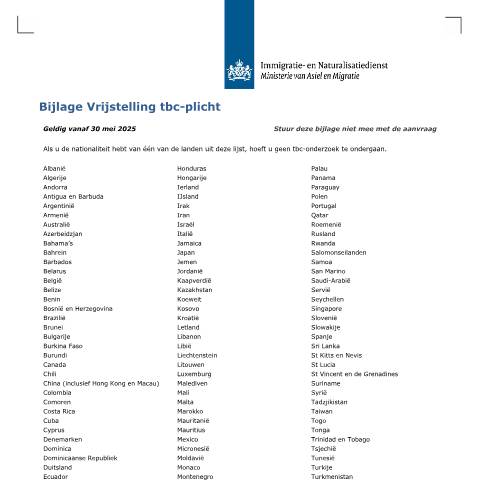 Documentvoorvertoning: Bijlage Vrijstelling tbc-plicht — IND — immigratie, Nederland (CERFA n°7144)