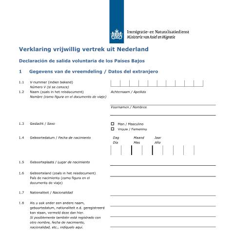 Documentvoorvertoning: Verklaring vrijwillig vertrek uit Nederland (Spaans) — IND — immigratie, Nederland (CERFA n°9000 (nl-spaans))