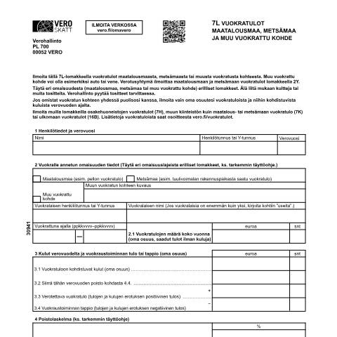 Document preview: 7L Vuokratulot – maatalousmaa, metsämaa ja muu vuokrattu kohde (3094) — 7L Vuokratulot – muu omaisuus (3094), Suomi (CERFA n°Vero 3094)