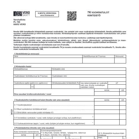 Document preview: 7K Vuokratulot – kiinteistöt (3012) — 7K Vuokratulot – kiinteistöt (3012), Suomi (CERFA n°Vero 3012)