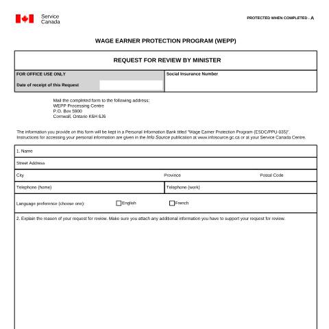 Document preview: Wage Earner Protection Program (WEPP) - Request for Review by Minister — Labour, Canada (CERFA n°EMP5456)