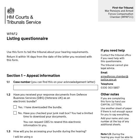 Document preview: War Pensions and Armed Forces Compensation Tribunal – listing questionnaire: Form WPAF2 — HM Courts & Tribunals Service, United Kingdom