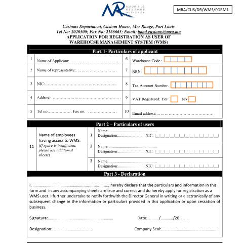 Document preview: Application for Registration as User of Warehouse Management System — Form, Mauritius (CERFA n°AdministrativeFormWMSForm1)