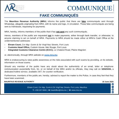 Document preview: Fake Communiqués (18.06.25) — Notice / Circular, Mauritius (CERFA n°CommuniqueFake180625)