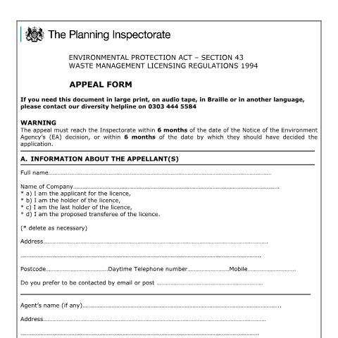 Document preview: Waste Carrier: Appeal form — Planning Inspectorate, United Kingdom