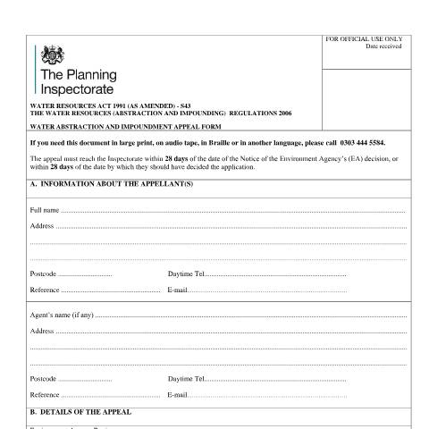 Document preview: Water abstraction and impoundment: appeal form — Planning Inspectorate, United Kingdom