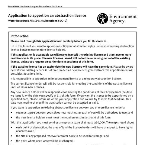 Document preview: Water abstraction: application to apportion an abstraction licence — Environment Agency, United Kingdom