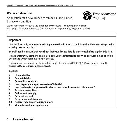 Document preview: Water abstraction: application form to renew a licence — Environment Agency, United Kingdom