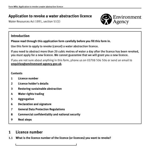 Document preview: Water abstraction: application to revoke (cancel) a licence — Environment Agency, United Kingdom