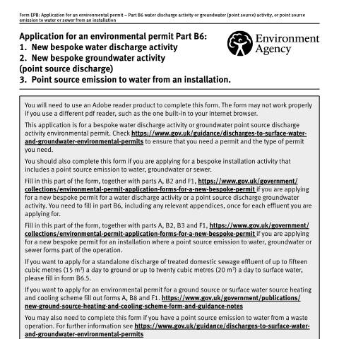 Document preview: Application for an environmental permit: part B6 bespoke water discharge activity, groundwater activity, or point source emission to water from an installation — Environment Agency, United Kingdom