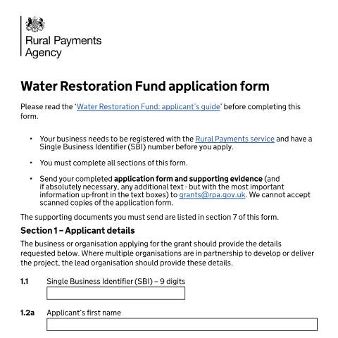 Document preview: Water Restoration Fund Application form — Rural Payments Agency, United Kingdom