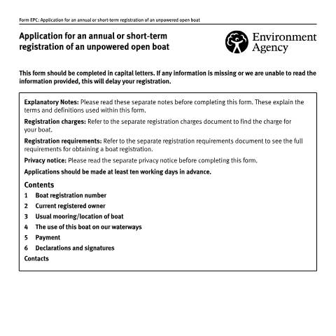 Document preview: Environment Agency waterways: application for an annual or short-term registration of an unpowered open boat — Environment Agency, United Kingdom
