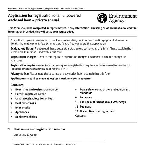 Document preview: Environment Agency waterways: application for registration of an unpowered enclosed boat — Environment Agency, United Kingdom