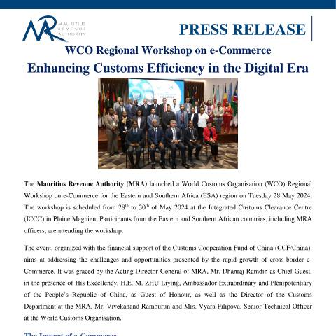 Document preview: WCO Regional Workshop on e-Commerce : Enhancing Customs Efficiency in the Digital Era (28.05.24) — Document, Mauritius (CERFA n°PressRelease280524)