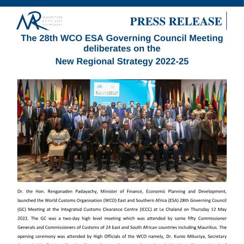 Document preview: The 28th WCO ESA Governing Council Meeting deliberates on the New Regional Strategy 2022-25 (13.05.22) — Reference, Mauritius (CERFA n°PressReleaseWCO130522)