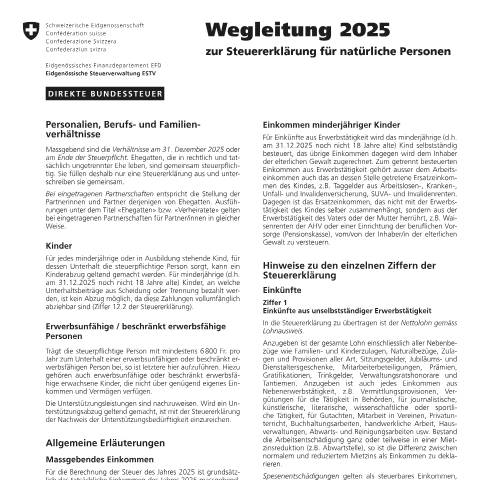 Dokumentvorschau: 2a - Wegleitung zur Steuererklärung für natürliche Personen (Formular 2) PDF 378.57 kB 5. September 2025 — Direkte Bundessteuer, Schweiz (CERFA n°2a)