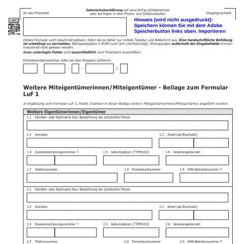 Dokumentvorschau: LuF1-MI — Weitere Miteigentümerinnen/Miteigentümer - Beilage zum Formular LuF 1 — Steuern, Österreich (CERFA n°LuF1-MI)