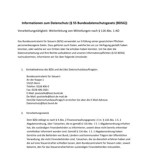 Dokumentvorschau: Weiterleiten_Mitteilungen_116_Abs_1_AO — BZSt/Informationen_zum_Datenschutz, Deutschland (CERFA n°Weiterleiten_Mitteilungen_116_Abs_1_AO)