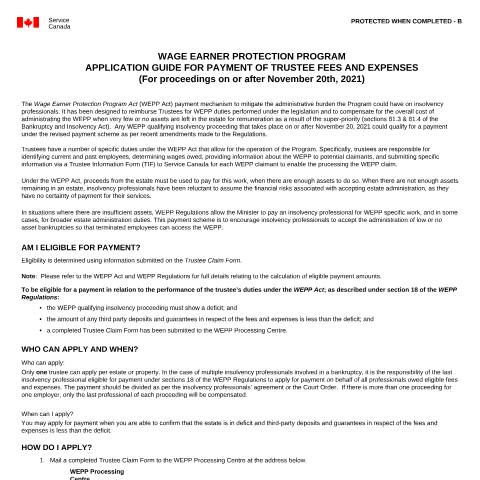 Document preview: WEPP APPLICATION GUIDE FOR PAYMENT OF TRUSTEE FEES AND EXPENSES (For proceedings on or after November 20th, 2021) — Employment and Social Development Canada, Canada (CERFA n°SC-EMP5686)