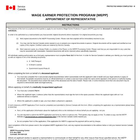 Document preview: WEPP - Appointment of Representative — Labour, Canada (CERFA n°EMP5453)