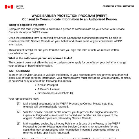 Document preview: WEPP - Consent to Communicate information to an Authorized Person — Labour, Canada (CERFA n°EMP5452)