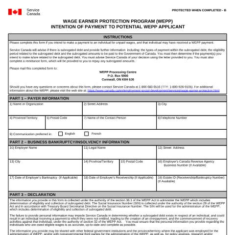 Document preview: WEPP – Intention of Payment form for Third Parties — Employment Programs, Canada (CERFA n°EMP5658)
