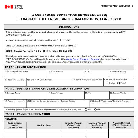 Document preview: WEPP – Subrogated Debt Remittance Form for Trustees/Receiver — Employment Programs, Canada (CERFA n°SC-EMP5659)