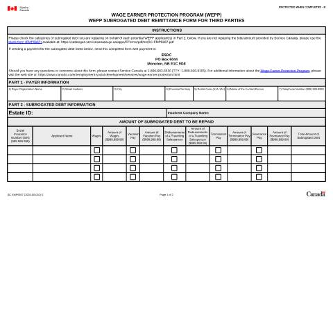 Document preview: WEPP – Subrogated Debt Remittance Form for Third Parties — Employment Programs, Canada (CERFA n°SC-EMP5657)