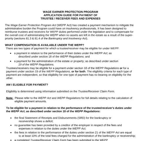 Document preview: Wage Earner Protection Program (WEPP) – Trustee /Receiver Claim Form — Labour, Canada (CERFA n°EMP5497)