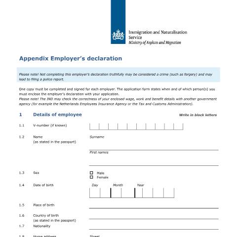 Documentvoorvertoning: Appendix Employer's declaration — IND — immigratie, Nederland (CERFA n°7610)