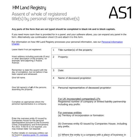 Document preview: Whole of registered title: assent (AS1) — HM Land Registry, United Kingdom