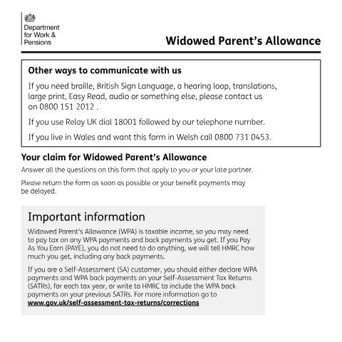 Document preview: Widowed Parent's Allowance claim form — Department for Work and Pensions, United Kingdom