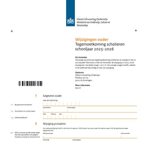Documentvoorvertoning: Wijziging ouder tegemoetkoming scholieren schooljaar 2025-2026 — DUO — Formulieren tegemoetkoming scholieren, Nederland